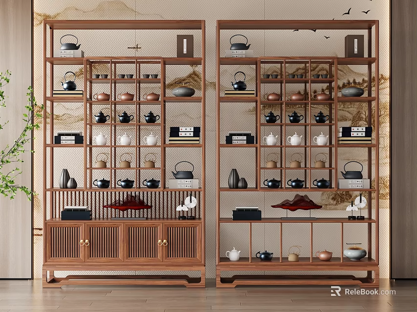 Traditional Chinese Symmetrical Wooden Antique Shelf Displaying Tea Sets Vases And Ornaments 3d model 