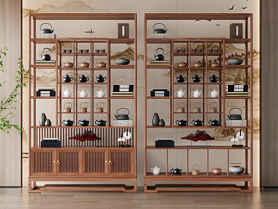 Traditional Chinese Symmetrical Wooden Antique Shelf Displaying Tea Sets Vases And Ornaments 3d model
