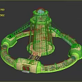 Green And Beige Tower With Circular Pathway Metal Stairs And Red Entrance