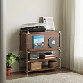 Stylish Entryway Sideboard Cabinet Featuring Vinyl Record Player Storage Boxes And Potted Plant