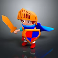 Man wearing orange knight armor holding orange sword and red blue shield with blue cape