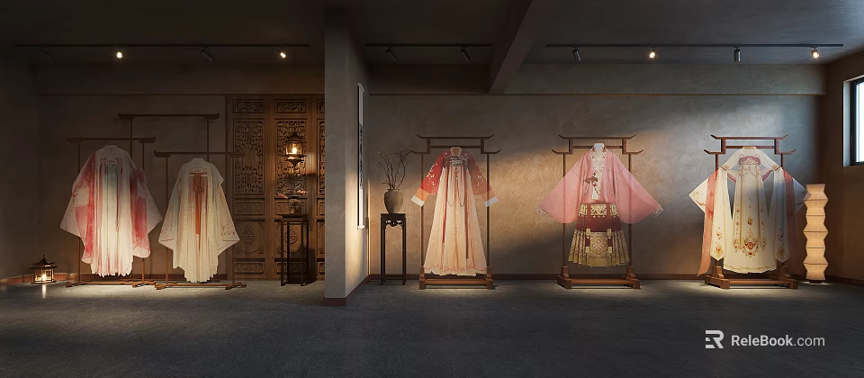 Traditional Hanfu Display With Different Colored Robes On Wooden Stands Chinese Lanterns And Carved Screens 3d model 