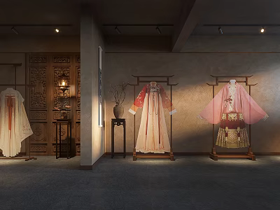 Traditional Hanfu Display With Different Colored Robes On Wooden Stands Chinese Lanterns And Carved Screens 3d model