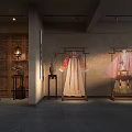 Traditional Hanfu Display With Different Colored Robes On Wooden Stands Chinese Lanterns And Carved Screens