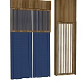 Modern Blue Curtains With Vertical Stripes And Wooden Frame For Interior Decoration