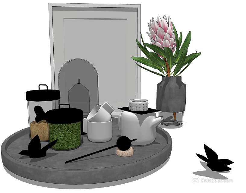 Elegant Tea Set With Tray Teapot Tea Caddy And Decorative Plant 3d model