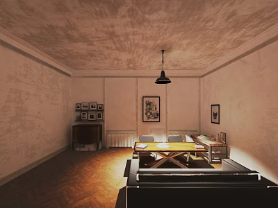 Cozy Living Dining Room Interior With Wooden Table Chairs Black Pendant Light And Wall Art 3d model