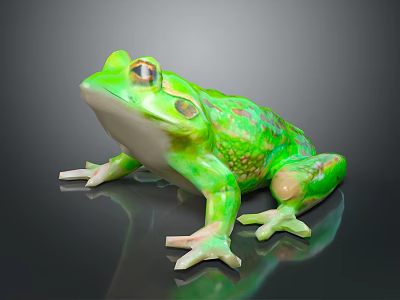 Green Frog Shiny Skin Detailed Eyes Webbed Feet on Black Glossy Surface with Reflection 3d model