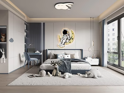Kids Room Interior With Rabbit Ceiling Light Astronaut Moon Decor Bed Stuffed Toys And Desk 3d model