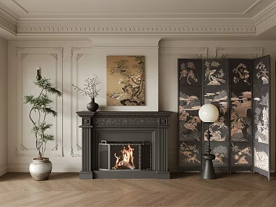 Elegant Light Gray Accent Wall With Decorative Molding Fireplace Artwork Potted Plant And Decorative Screen 3d model
