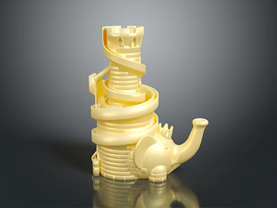 Yellow Spiral Castle Sculpture With Elephant Head Tower Steps And Glossy Surface 3d model