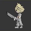 Chibi Style Character With Spiky Blonde Hair Holding Large Sword White Outfit And White Shoes