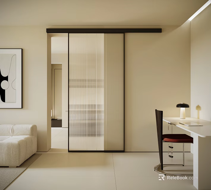 Modern Sliding Door Interior Design With Living Room Sofa Desk And Wall Art 3d model 