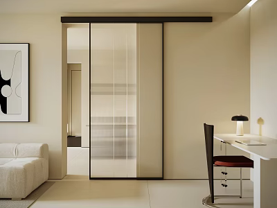 Modern Sliding Door Interior Design With Living Room Sofa Desk And Wall Art 3d model