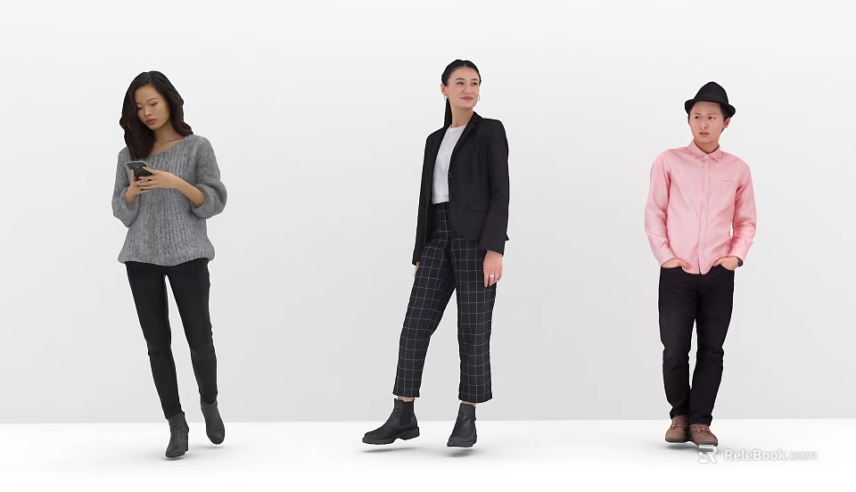 Three People Posing in Casual and Formal Outfits Against White Background 3d model 