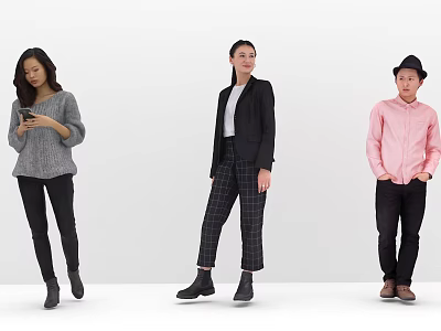 Three People Posing in Casual and Formal Outfits Against White Background 3d model