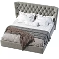 Double Bed With Tufted Gray Headboard White Pillows Checkered Blanket And Brown Knit Throw 3d model