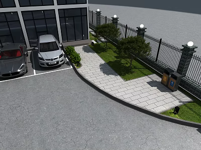 Parking Area Landscape Design With Cars Fence Lamp Posts Trees Shrubs And Paved Path 3d model