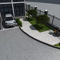Parking Area Landscape Design With Cars Fence Lamp Posts Trees Shrubs And Paved Path