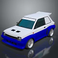 Blue And White Sporty Modified Car With Rear Spoiler And Silver Wheels