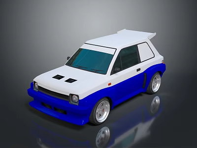 Blue And White Sporty Modified Car With Rear Spoiler And Silver Wheels 3d model