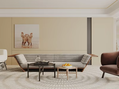 Modern Living Room Interior Design With Gray Sofa Brown Chair Coffee Table And Area Rug 3d model