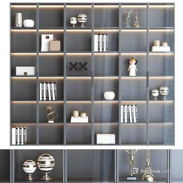 Modern Gray Bookshelf Interior Design With Multiple Compartments Books Decorative Items And Lighting 3d model
