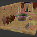 Cartoon Ancient Temple Interior Scene With Clay Walls Red Banners Green Carpet And Stone Altar