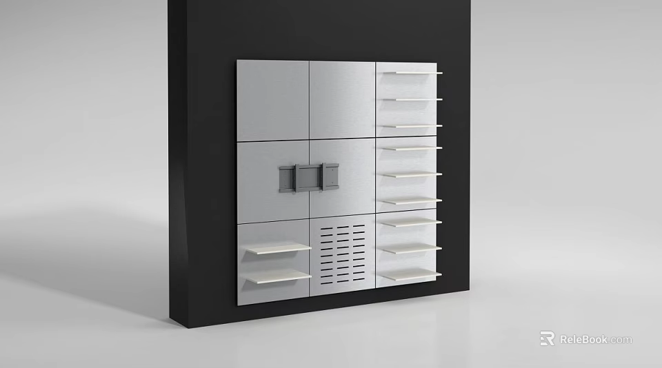 Modern TV Background Wall Design With Black Frame And Silver Storage Shelves 3d model