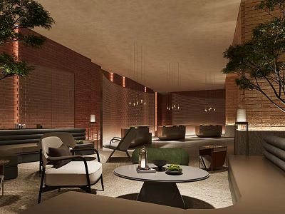 Elegant Hotel Lobby Interior With Comfortable Sofas Coffee Tables And Green Plants 3d model