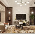 Modern Dining Living Room Interior With Chandelier Dining Table And Green Brown Chairs