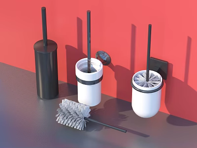 Bathroom Cleaning Supplies Set With Wall Mounted Holders And Black White Red Design 3d model