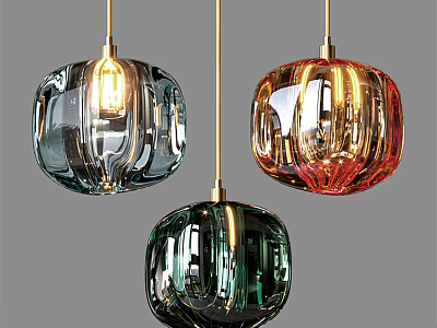 Colored Glass Pendant Lights With Spherical Textured Design And Illuminated Metal Fixtures 3d model