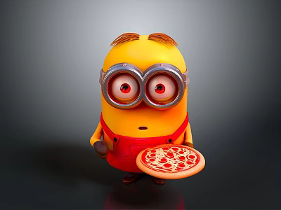 Cute Yellow Minion Character With Big Goggles Red Overalls And Pizza 3d model