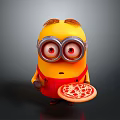 Cute Yellow Minion Character With Big Goggles Red Overalls And Pizza