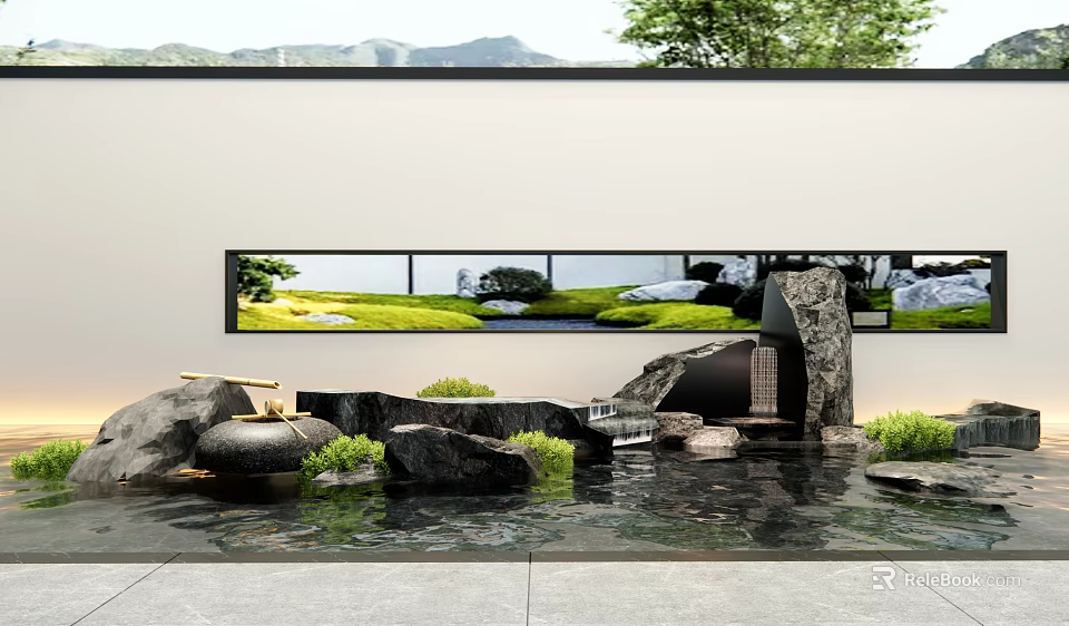 Elegant Scenic Feature Wall With Water Fountain Natural Stones Green Plants And Mountain View 3d model 