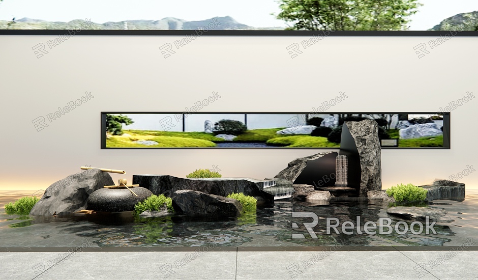 New Chinese style waterscape rockery waterscape falling water landscape courtyard waterscape wall courtyard landscape sketch stone water bowl model