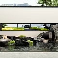 Elegant Scenic Feature Wall With Water Fountain Natural Stones Green Plants And Mountain View