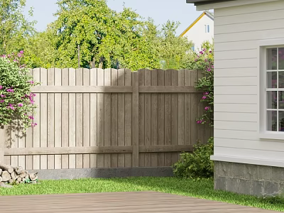 Charming Garden With Wooden Fence Deck White House Green Trees And Purple Flowers 3d model