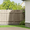 Charming Garden With Wooden Fence Deck White House Green Trees And Purple Flowers