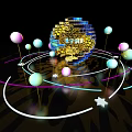 Futuristic Decorative Design With Golden Blue Structure Colorful Spheres Stars And Orbits
