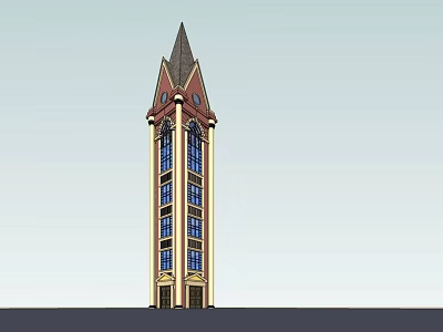 Tall Red And Yellow Tower With Pointed Spire And Arched Windows Design Structure 3d model