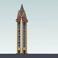 Tall Red And Yellow Tower With Pointed Spire And Arched Windows Design Structure