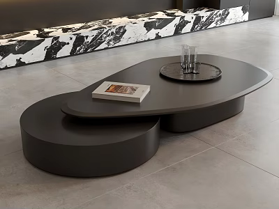 Modern Black Coffee Table With Curved Design And Book Glass Cups On Grey Marble Floor 3d model
