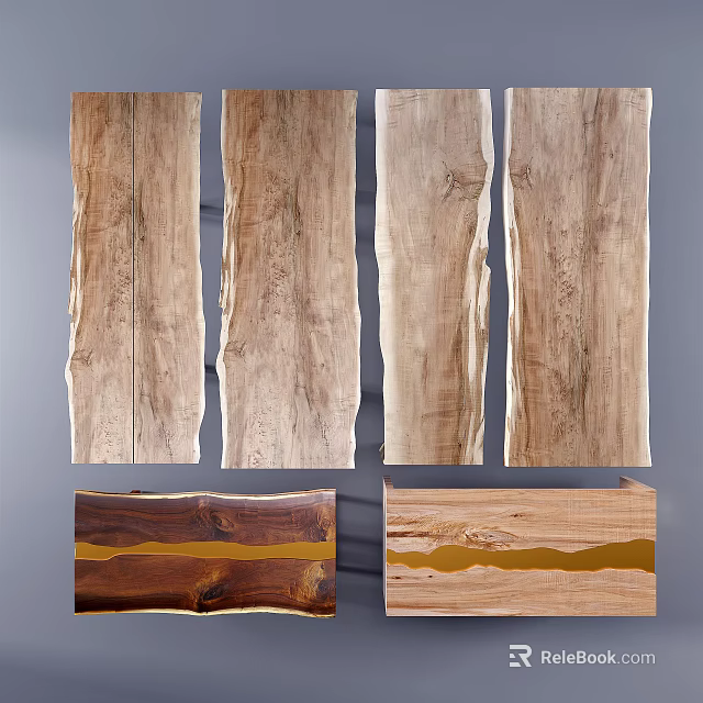 Natural Wood Dining Table With Different Grain Texture And Wooden Tabletop Designs 3d model