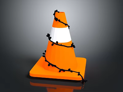 Orange Traffic Cone 3D Render With White Stripes And Black Chains Decorative Design 3d model