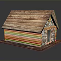 Wooden Log Cabin Structure With Rustic Roof And Stone Wall Details