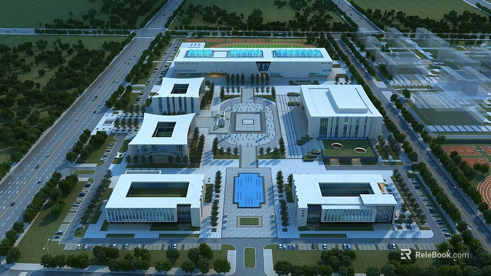 Modern School Buildings Aerial View With Central Square Blue Pool And Greenery 3d model 