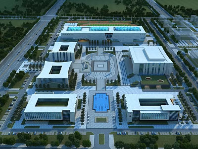 Modern School Buildings Aerial View With Central Square Blue Pool And Greenery 3d model