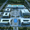 Modern School Buildings Aerial View With Central Square Blue Pool And Greenery
